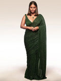 Sabyasachi Bottle Green Sequins Georgette Party Wear Saree With Blouse