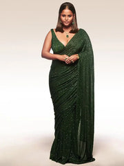 Sabyasachi Bottle Green Sequins Georgette Party Wear Saree With Blouse