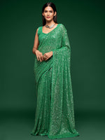 Sabyasachi Green Sequins Georgette Party Wear Saree With Blouse