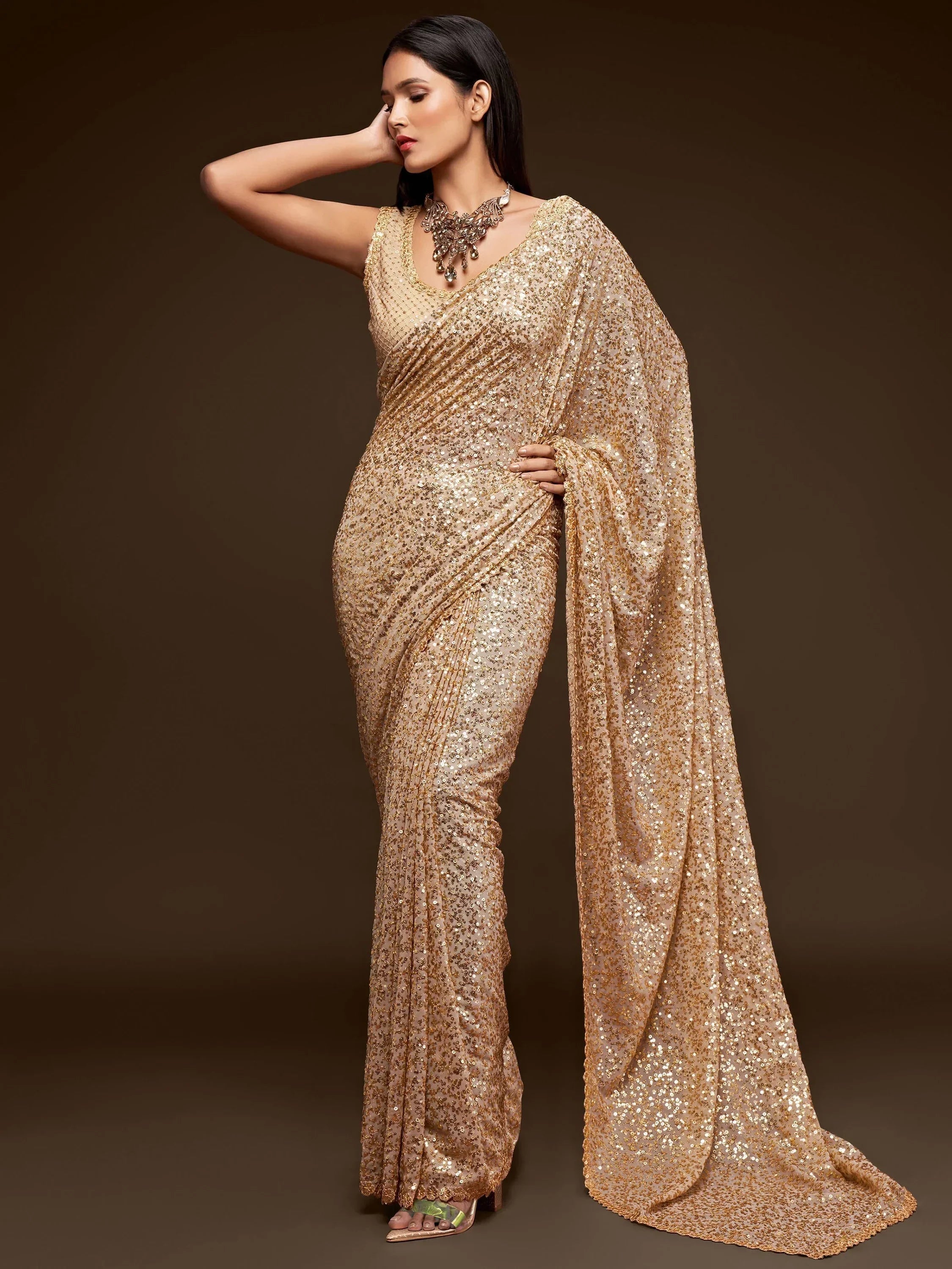 Sabyasachi Cream Sequins Georgette Party Wear Saree With Blouse