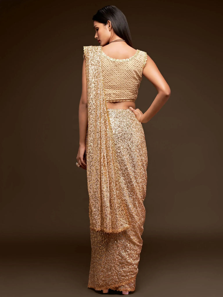 Sabyasachi Cream Sequins Georgette Party Wear Saree With Blouse