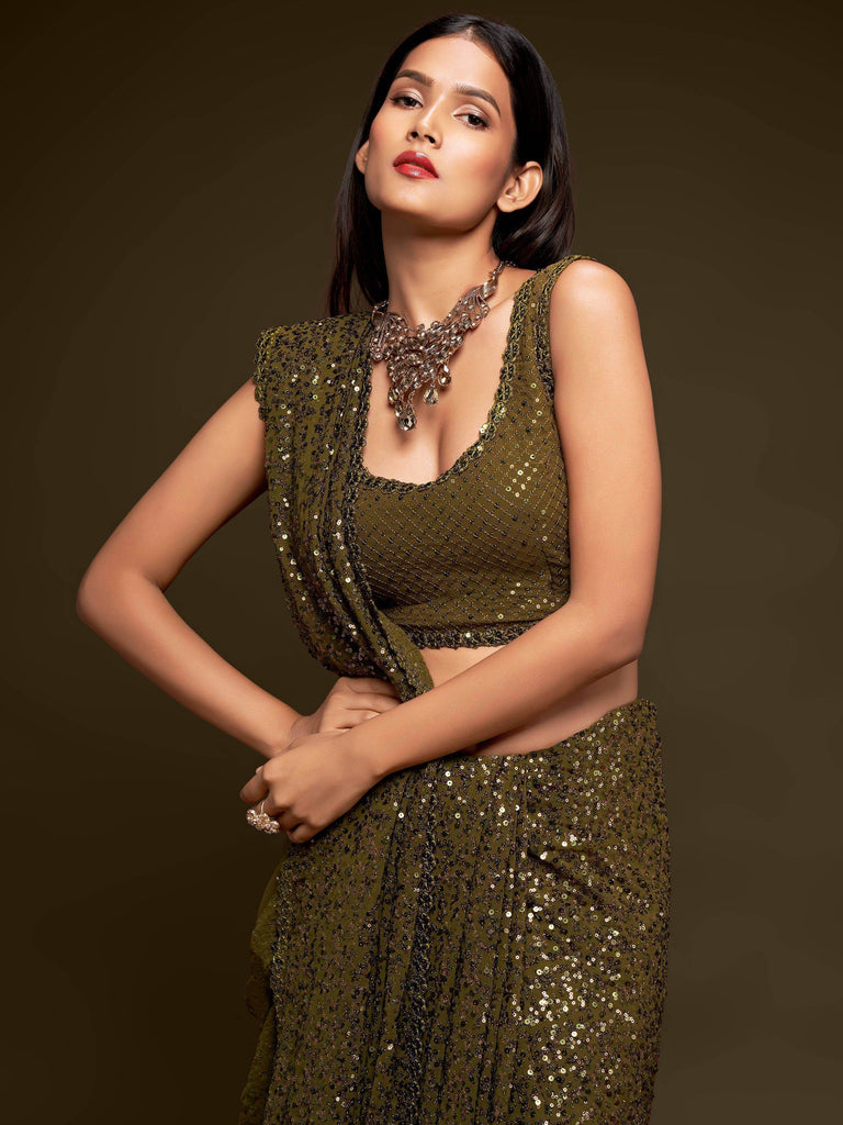 Sabyasachi Mehendi Green Sequins Party Wear Saree With Blouse