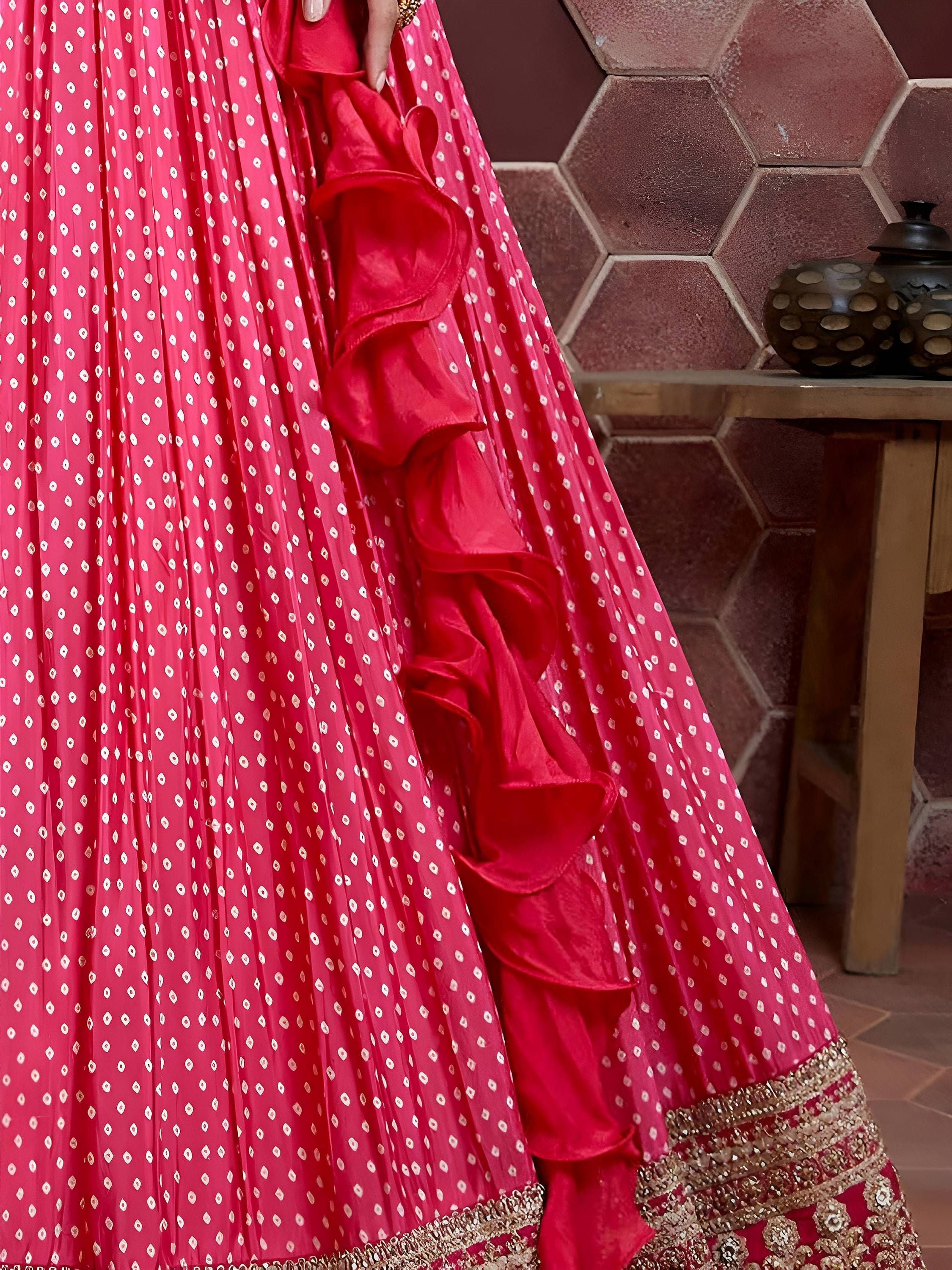 Pretty Pink Digital Print Embroidery Chinon Silk Party Wear Lehenga Choli