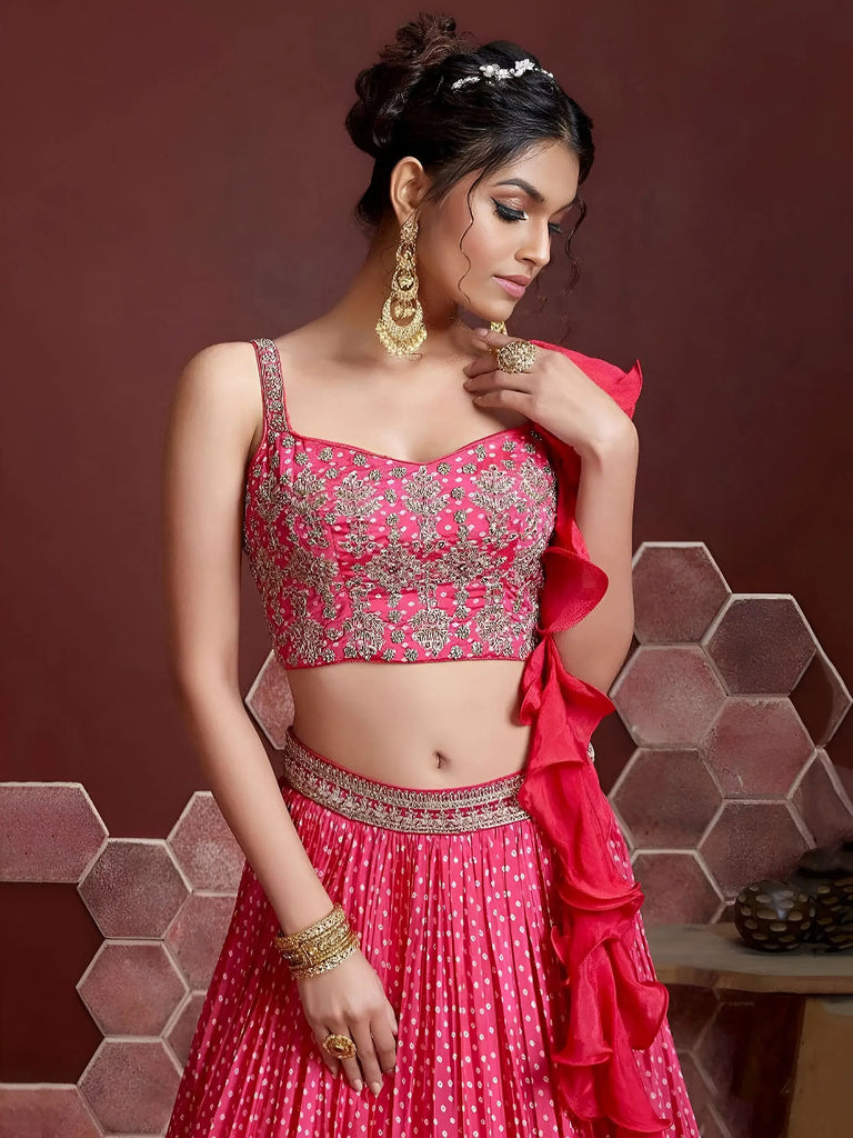 Pretty Pink Digital Print Embroidery Chinon Silk Party Wear Lehenga Choli