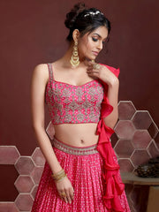 Pretty Pink Digital Print Embroidery Chinon Silk Party Wear Lehenga Choli