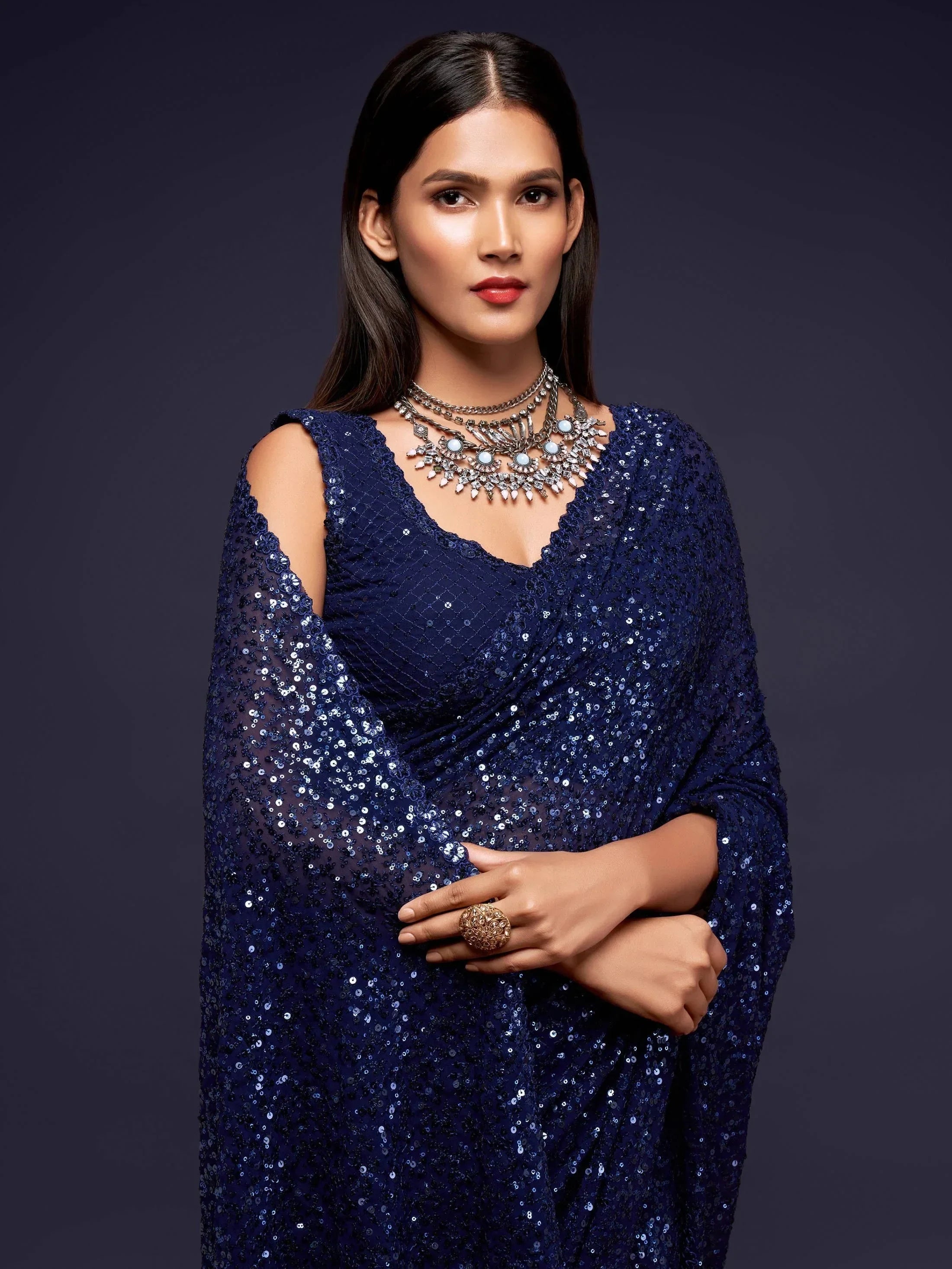Sabyasachi Navy Blue Sequins Party Wear Saree With Blouse
