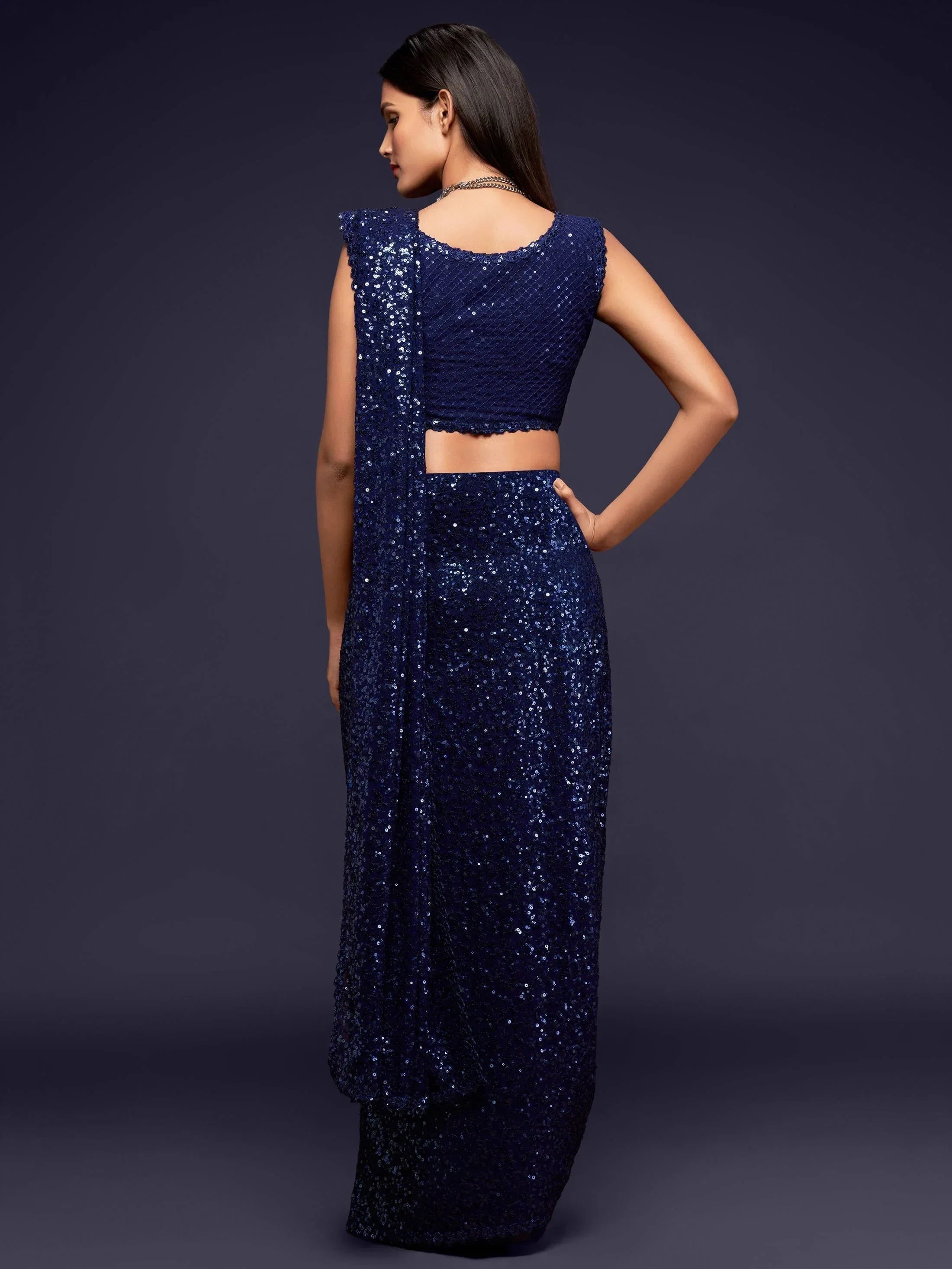 Sabyasachi Navy Blue Sequins Party Wear Saree With Blouse