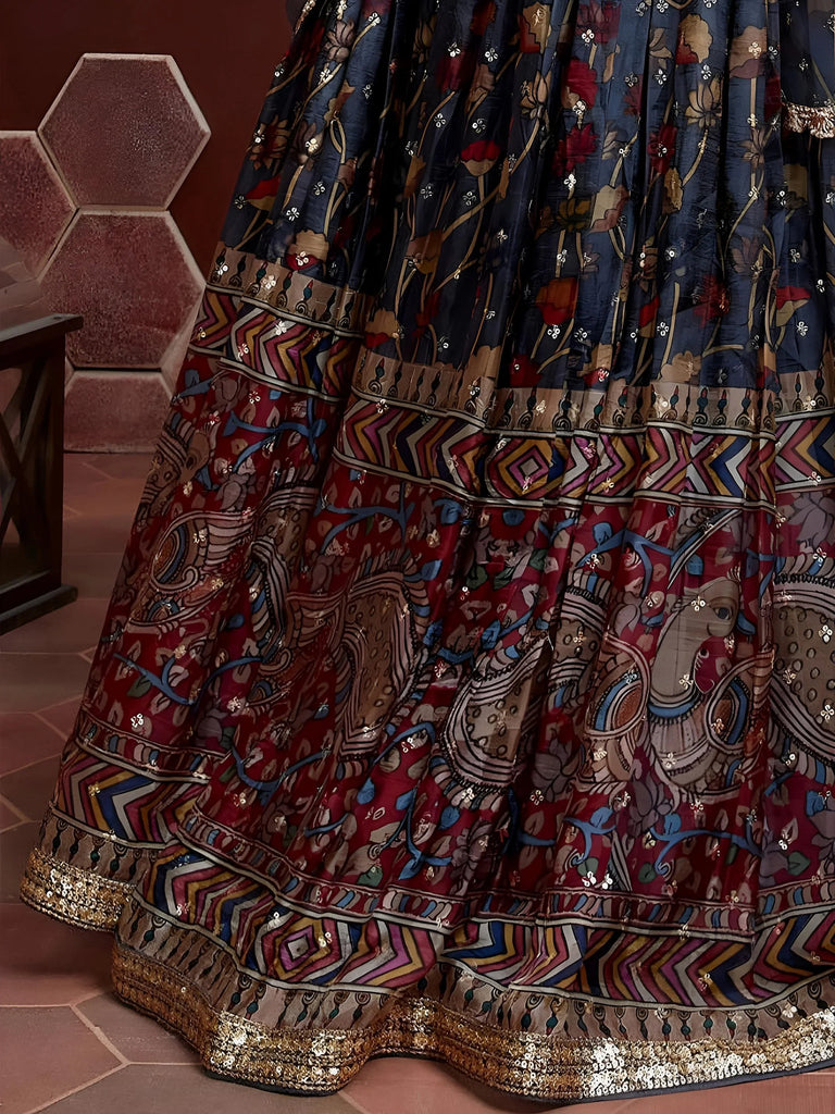 Wonderful Blue Digital Print Embroidery Chinon Silk Party Wear Lehenga Choli