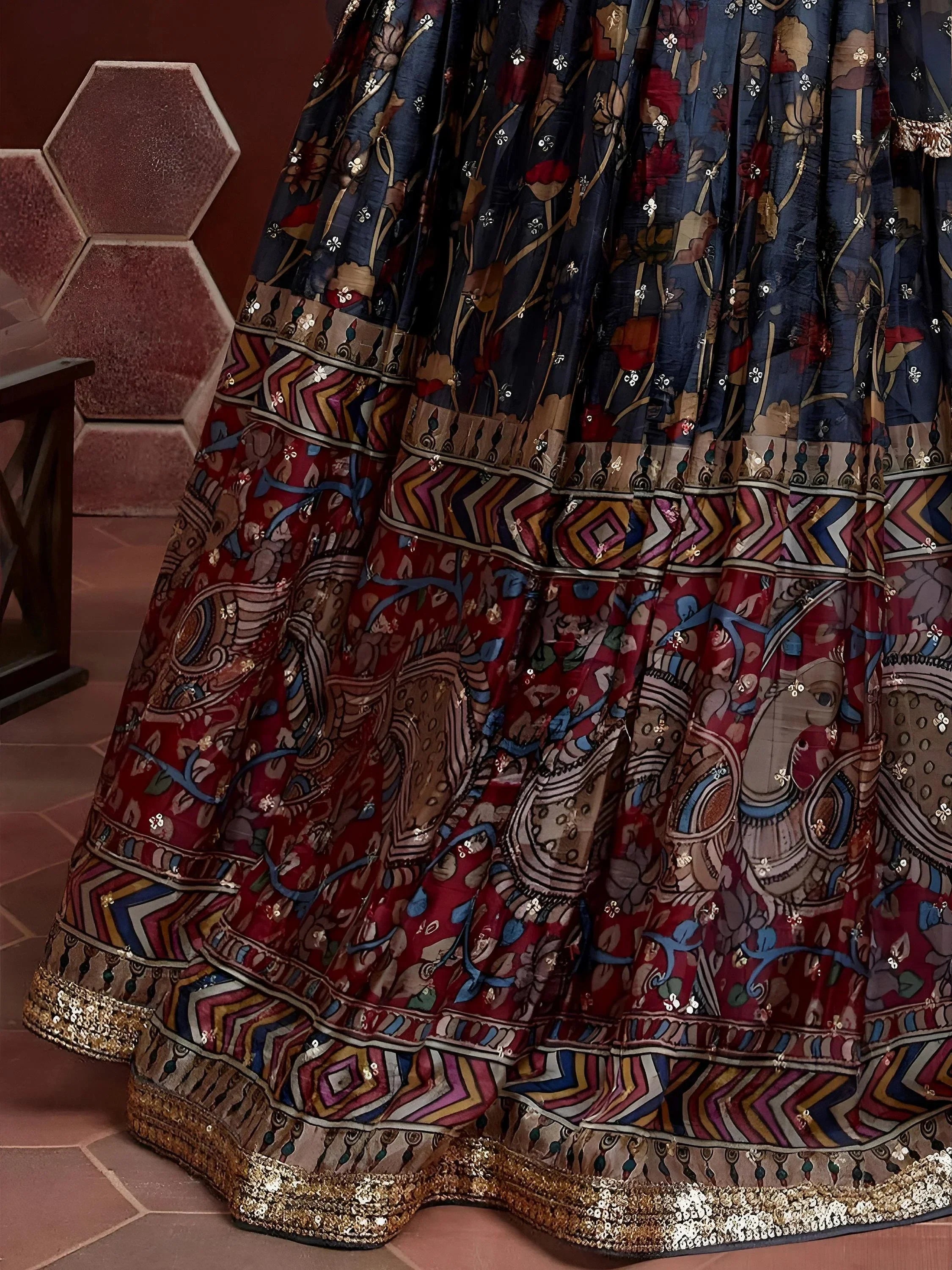 Wonderful Blue Digital Print Embroidery Chinon Silk Party Wear Lehenga Choli