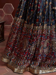 Wonderful Blue Digital Print Embroidery Chinon Silk Party Wear Lehenga Choli