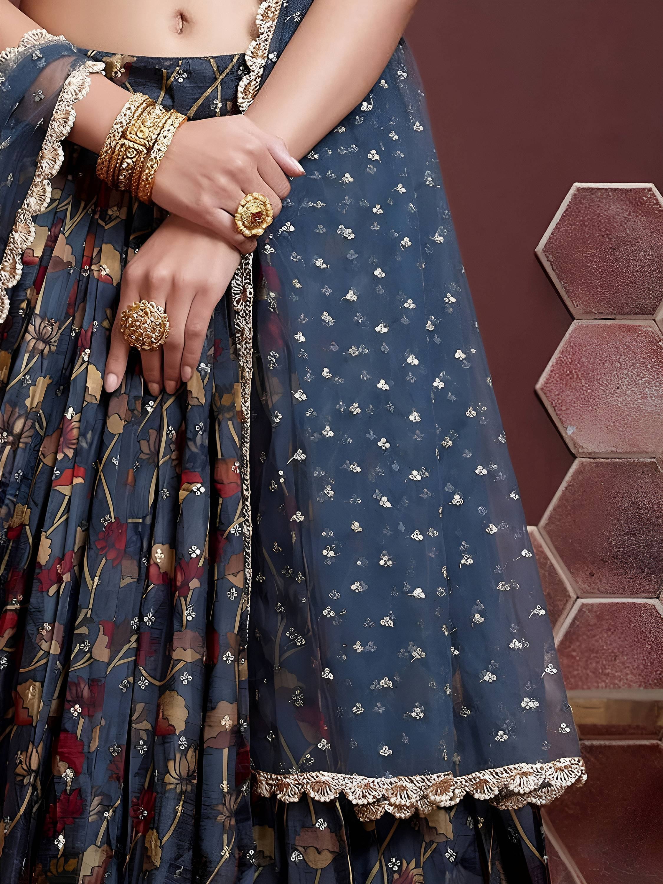 Wonderful Blue Digital Print Embroidery Chinon Silk Party Wear Lehenga Choli