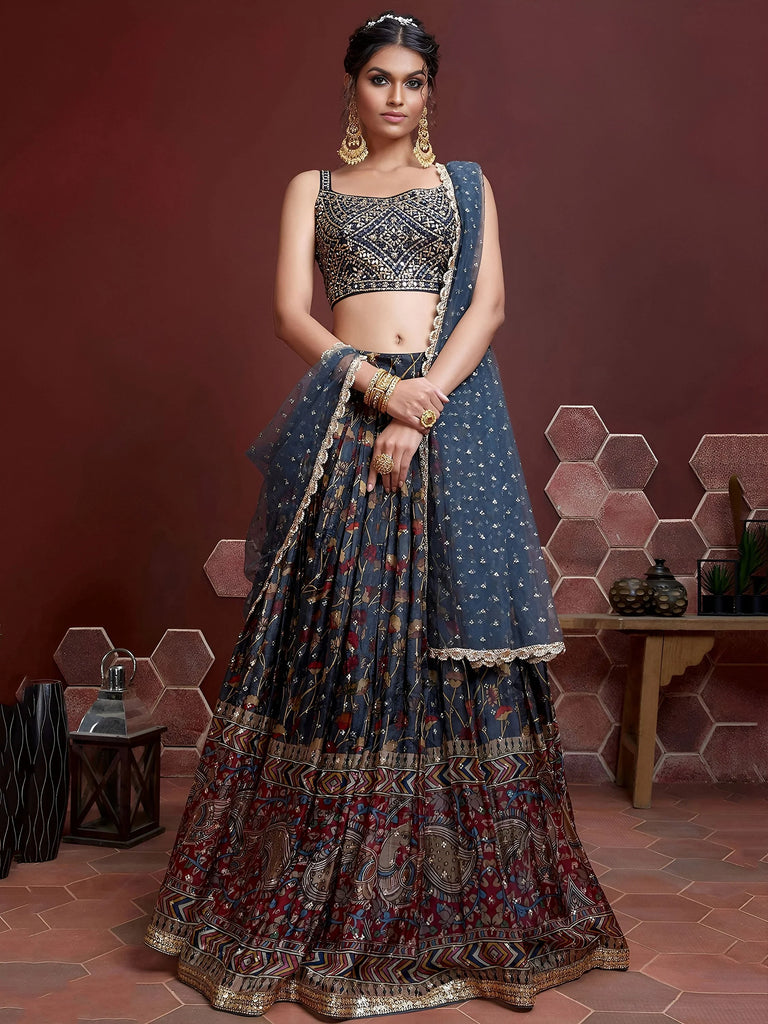 Wonderful Blue Digital Print Embroidery Chinon Silk Party Wear Lehenga Choli