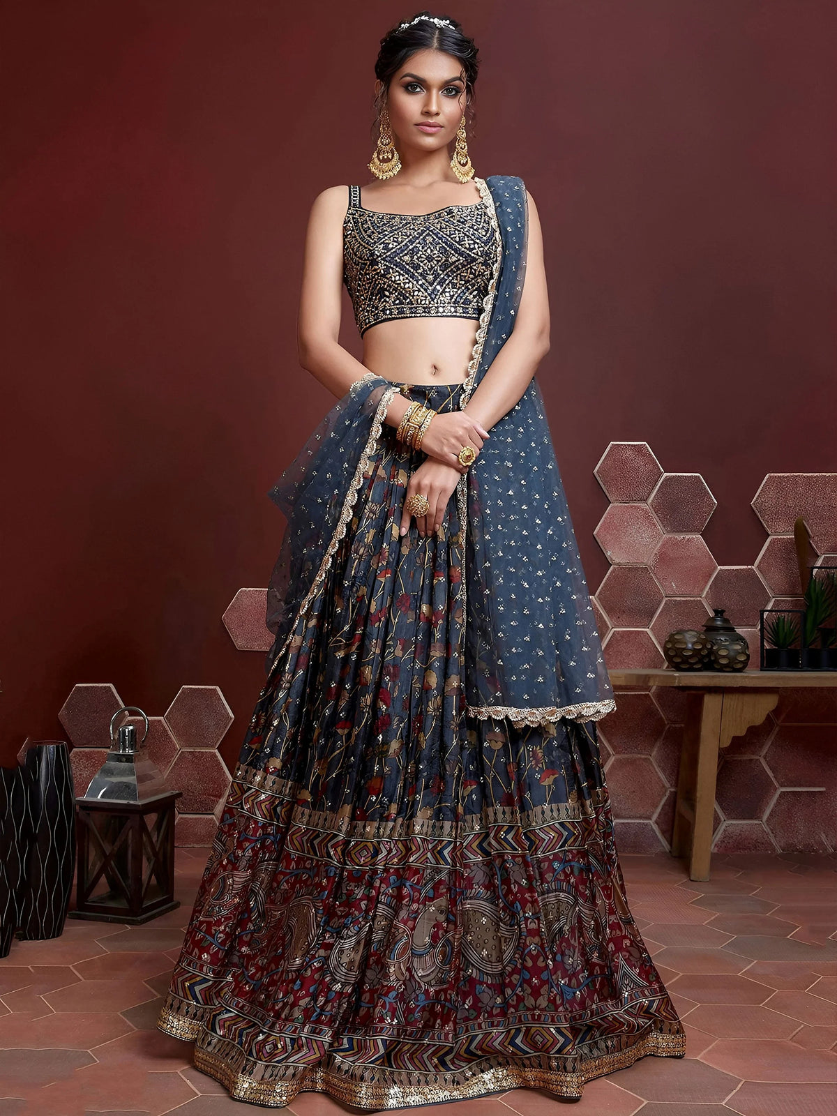 Wonderful Blue Digital Print Embroidery Chinon Silk Party Wear Lehenga Choli