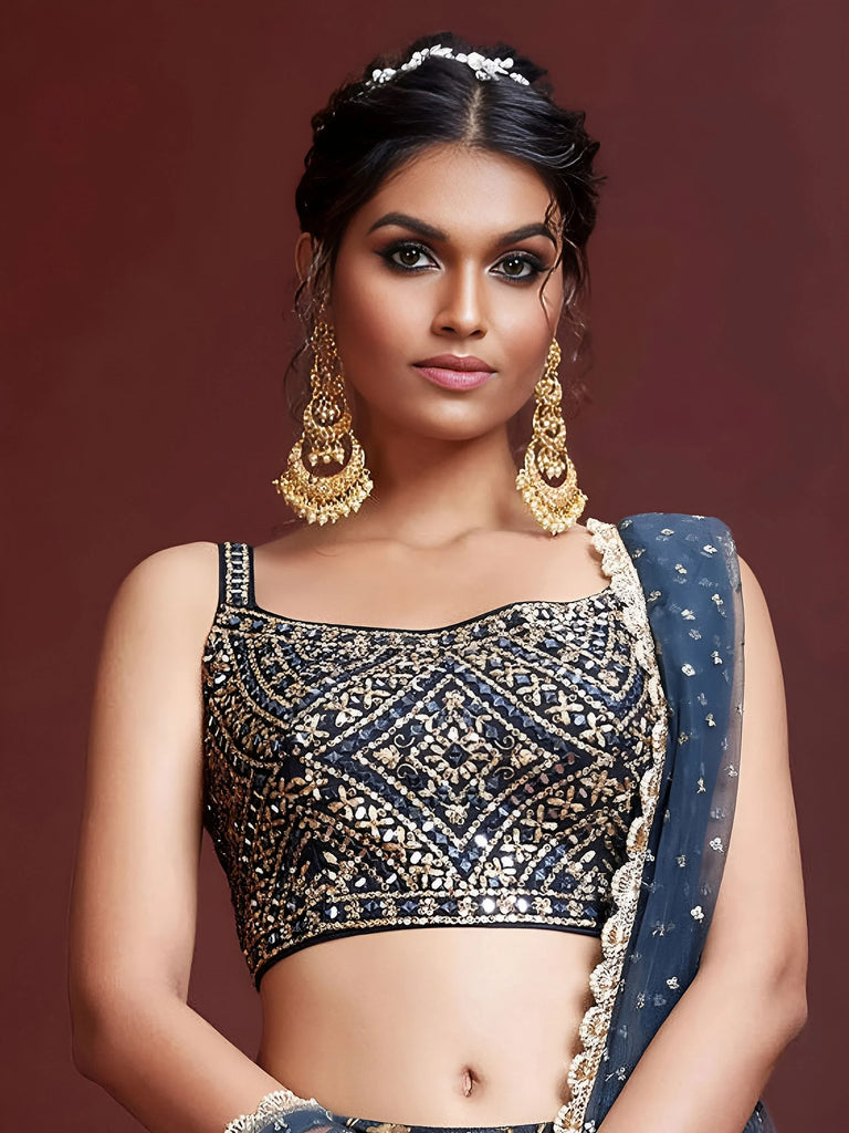 Wonderful Blue Digital Print Embroidery Chinon Silk Party Wear Lehenga Choli