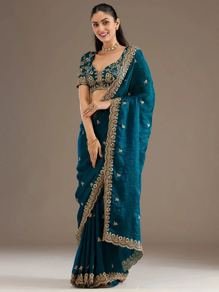 Elegant Blue Embroidered Tissue Silk Party Wear Saree With Blouse