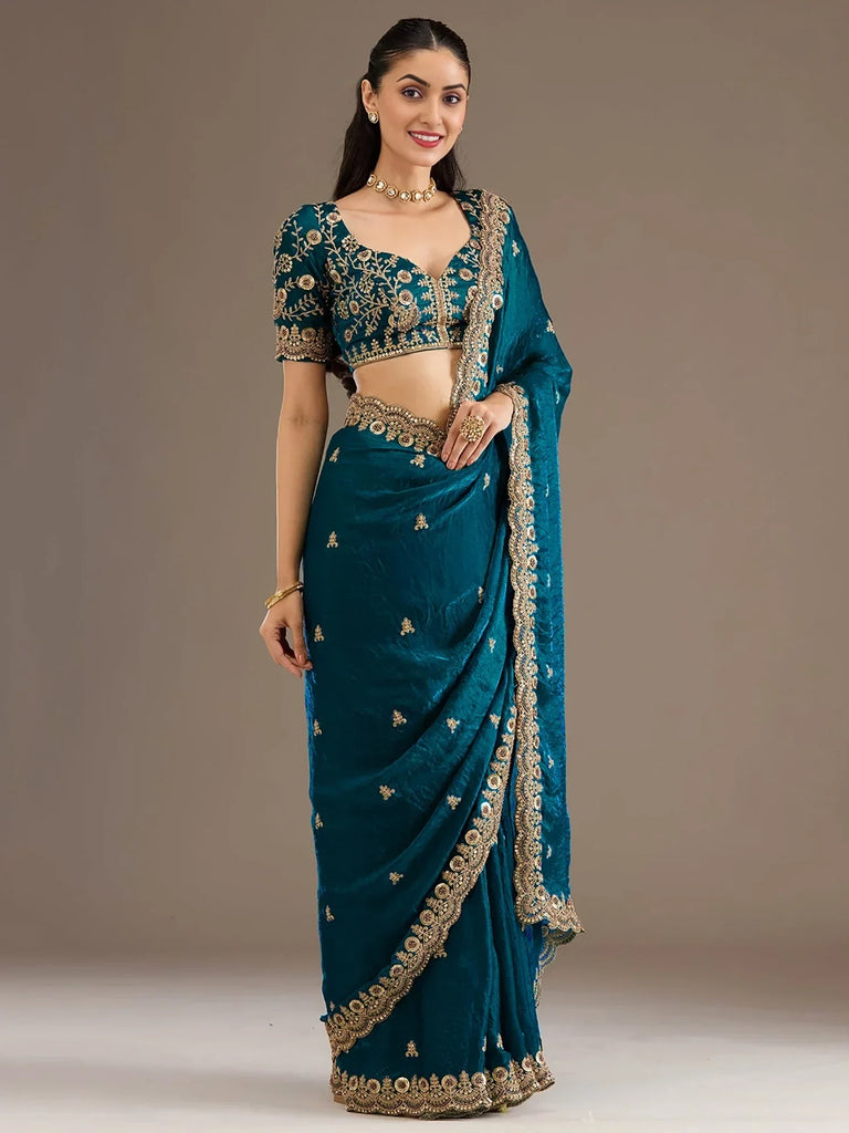 Elegant Blue Embroidered Tissue Silk Party Wear Saree With Blouse