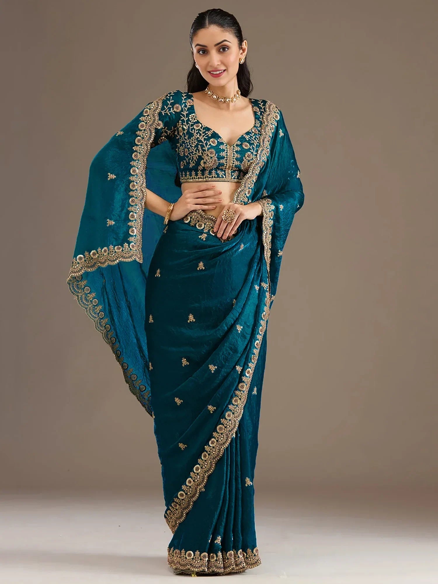 Elegant Blue Embroidered Tissue Silk Party Wear Saree With Blouse
