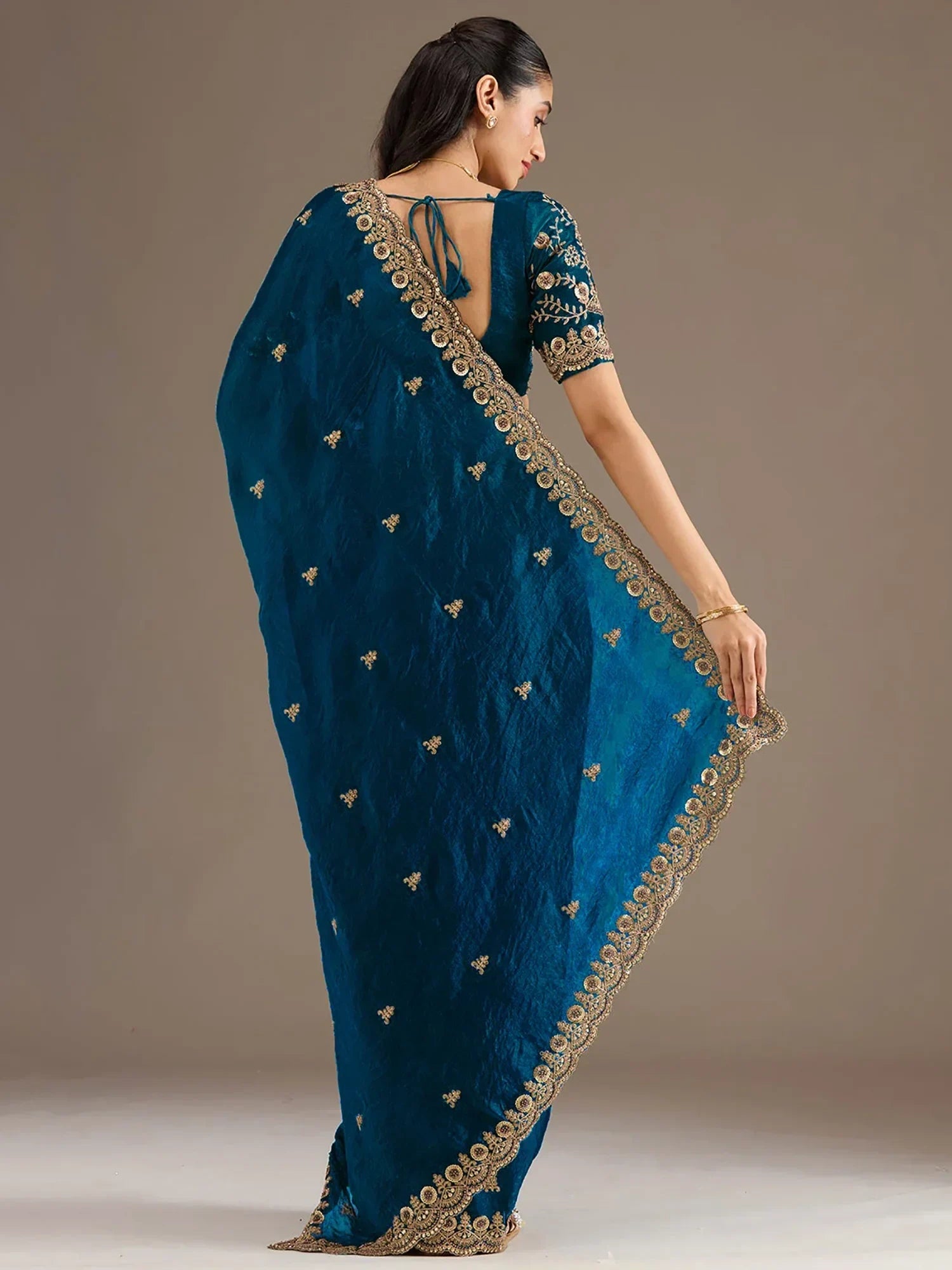 Elegant Blue Embroidered Tissue Silk Party Wear Saree With Blouse