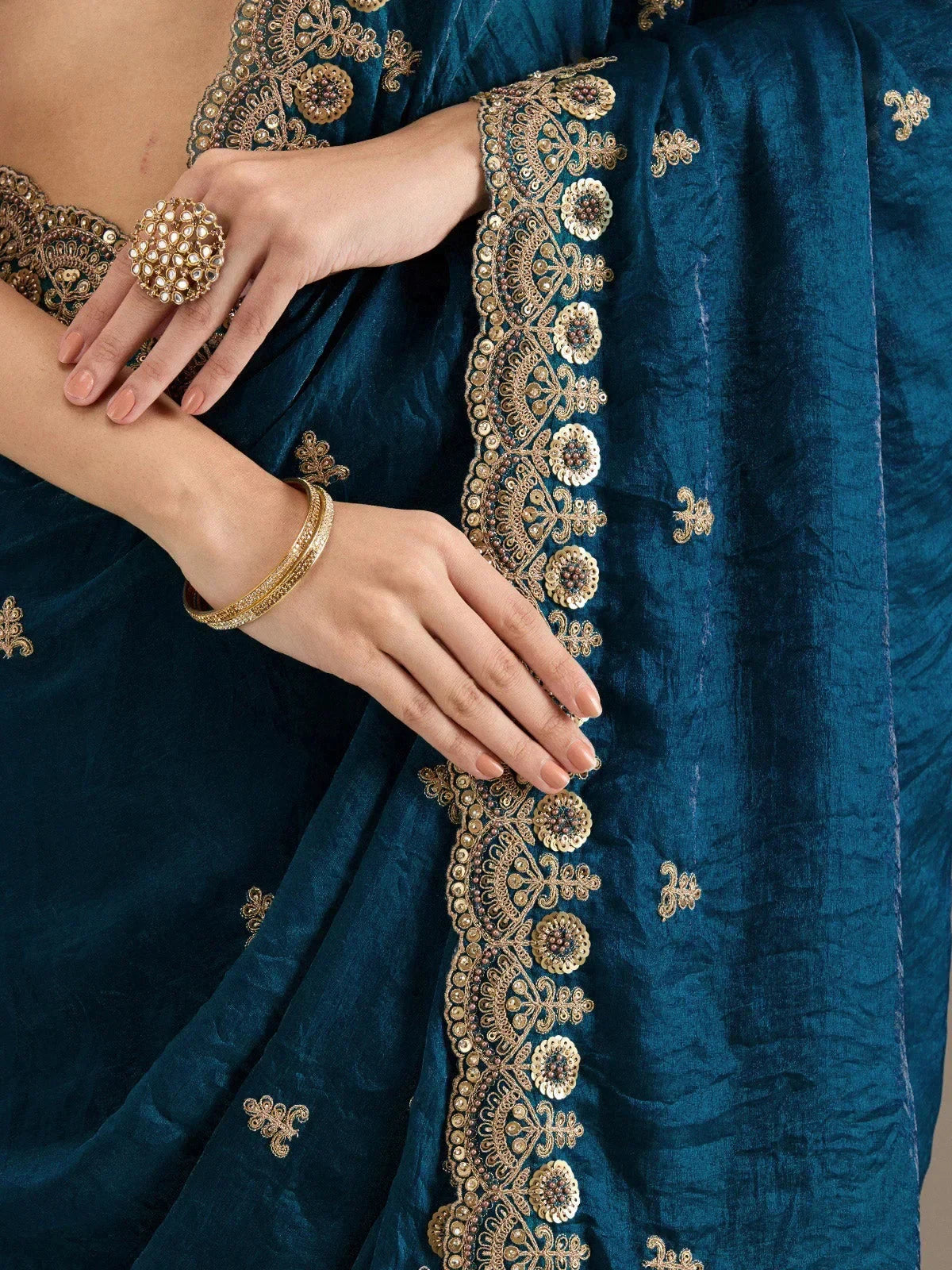 Elegant Blue Embroidered Tissue Silk Party Wear Saree With Blouse