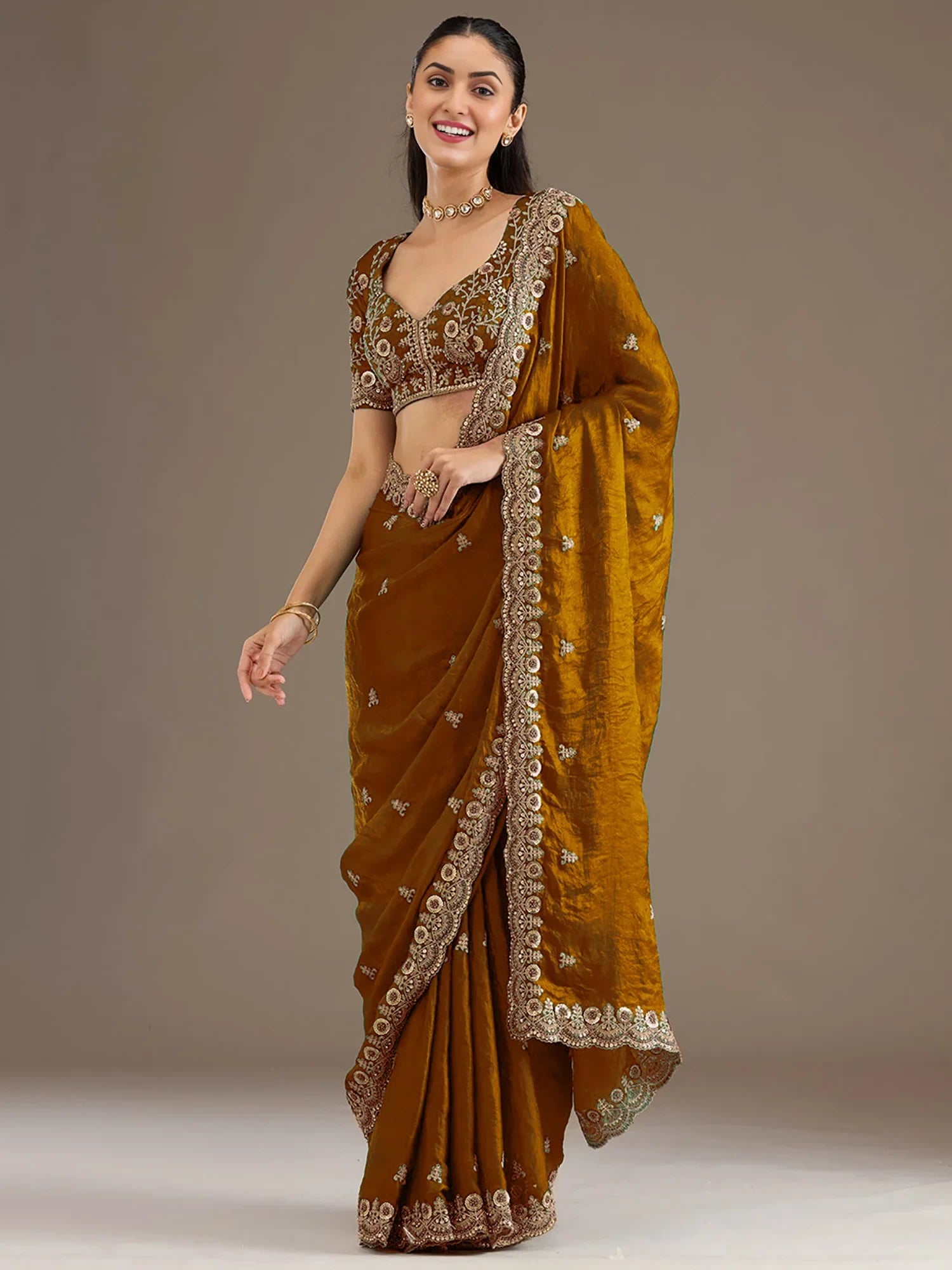 Classic Golden Zari Embroidered Silk Reception Wear Saree With Blouse