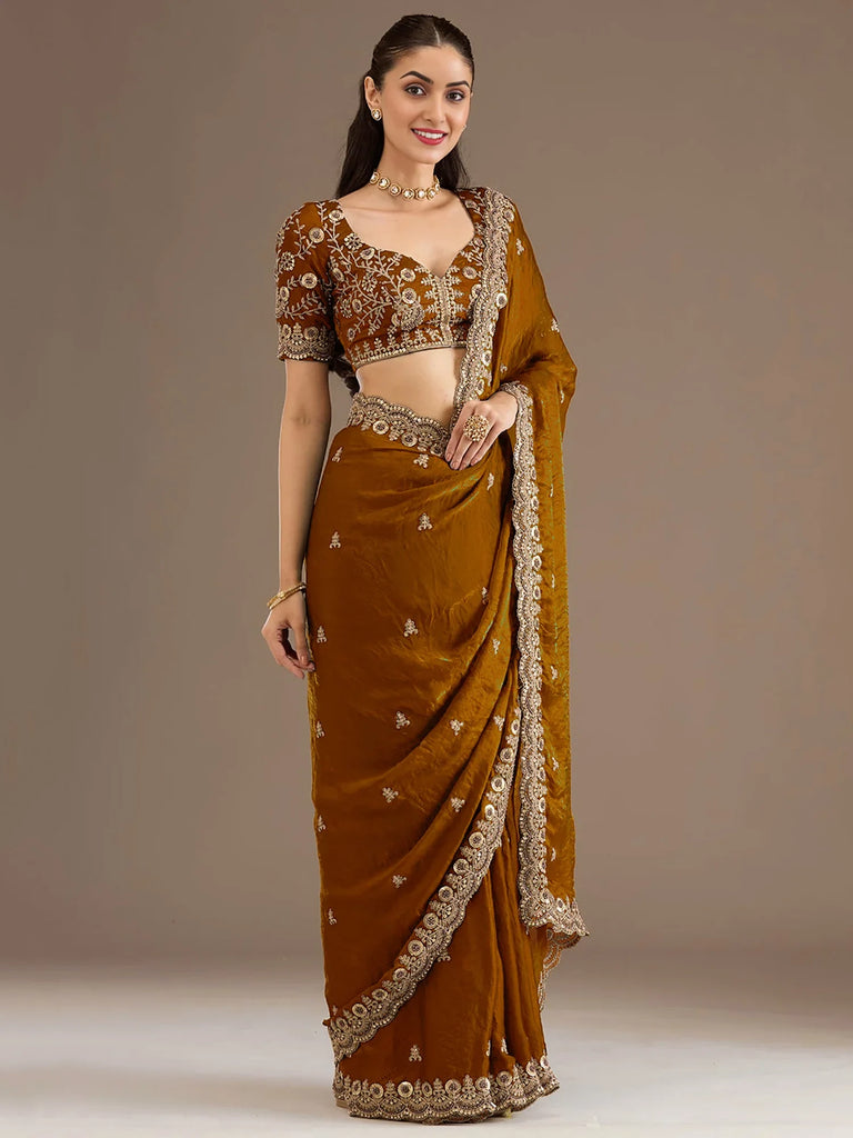 Classic Golden Zari Embroidered Silk Reception Wear Saree With Blouse