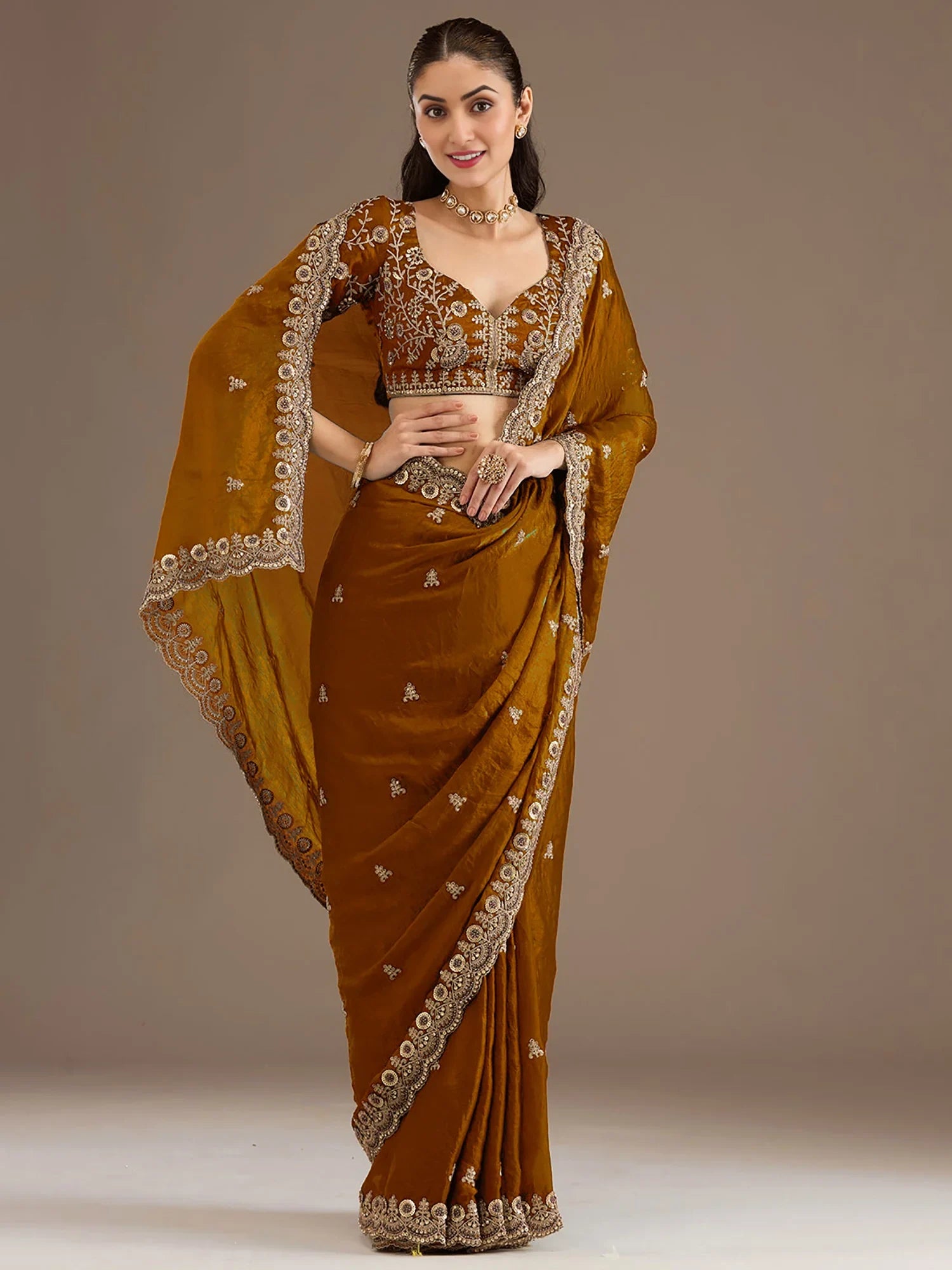 Classic Golden Zari Embroidered Silk Reception Wear Saree With Blouse