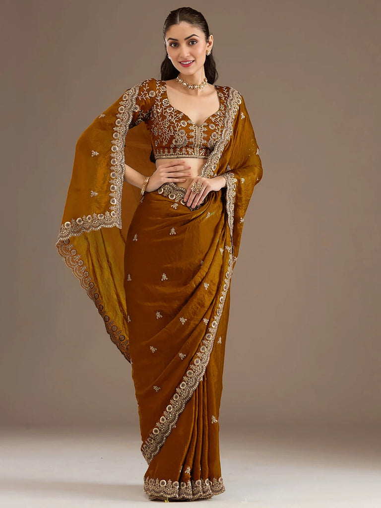 Classic Golden Zari Embroidered Silk Reception Wear Saree With Blouse
