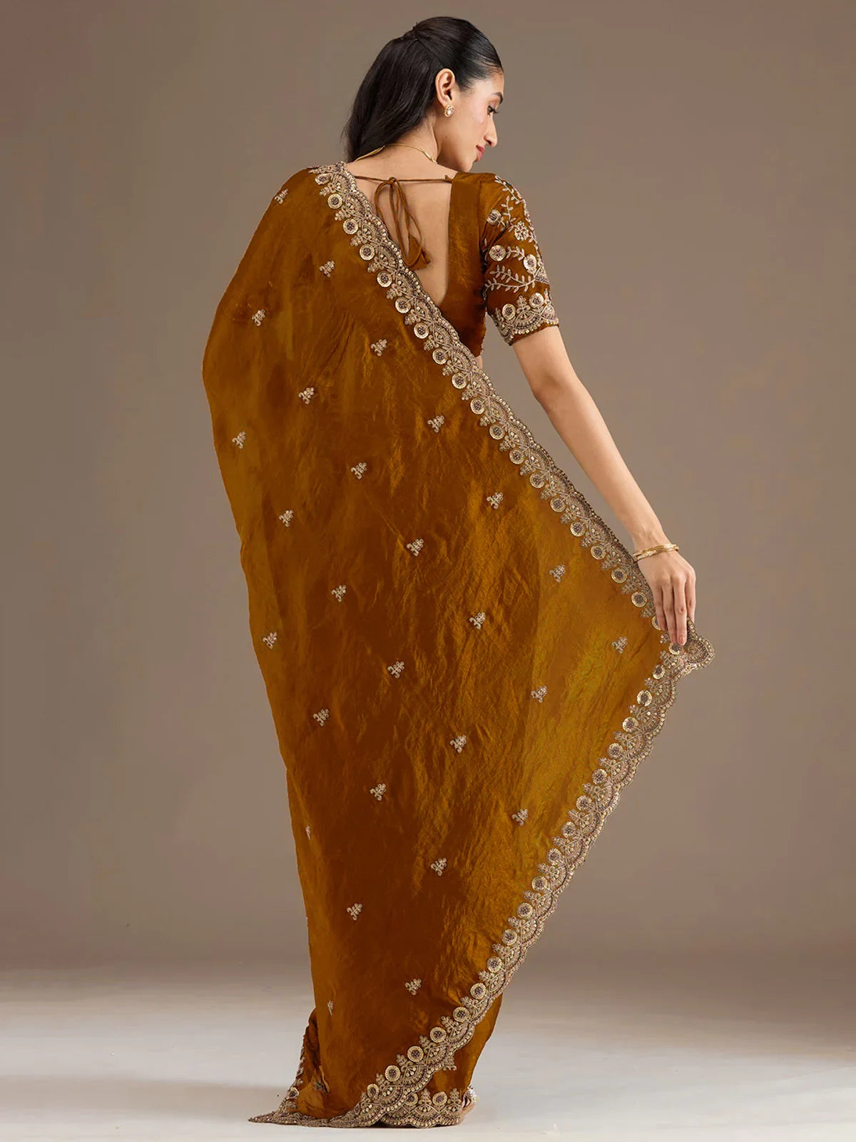Classic Golden Zari Embroidered Silk Reception Wear Saree With Blouse