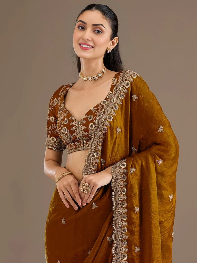 Classic Golden Zari Embroidered Silk Reception Wear Saree With Blouse