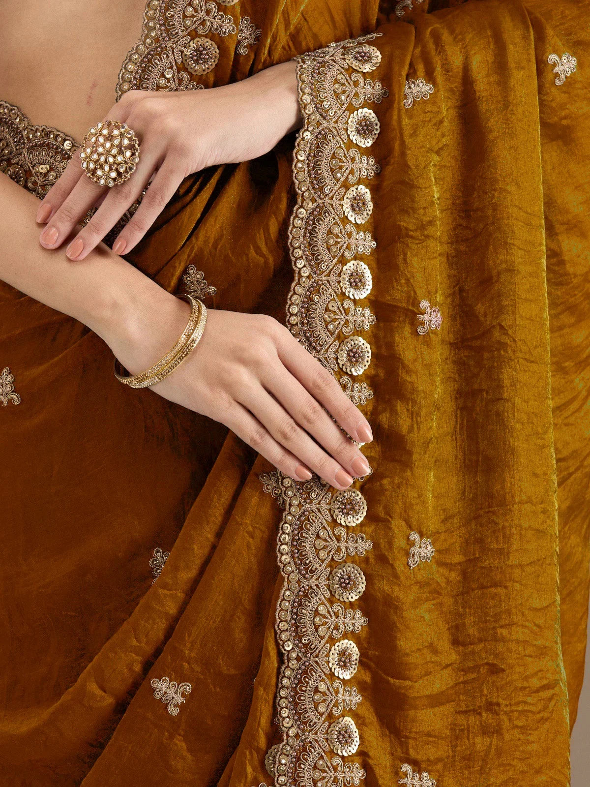 Classic Golden Zari Embroidered Silk Reception Wear Saree With Blouse