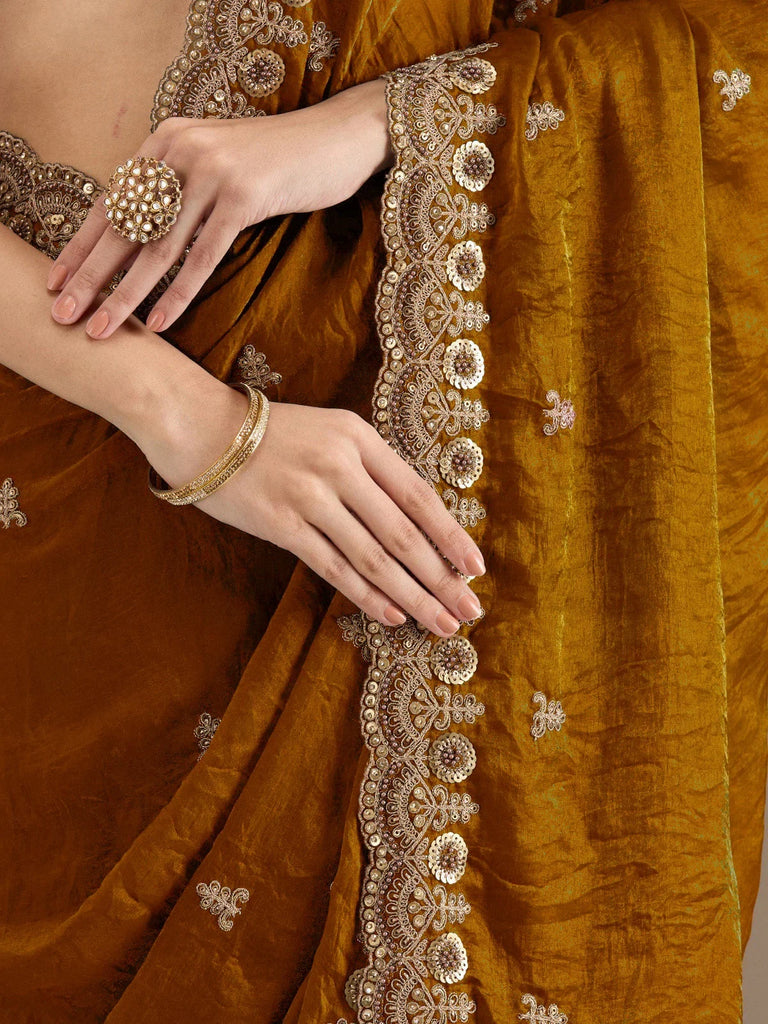 Classic Golden Zari Embroidered Silk Reception Wear Saree With Blouse