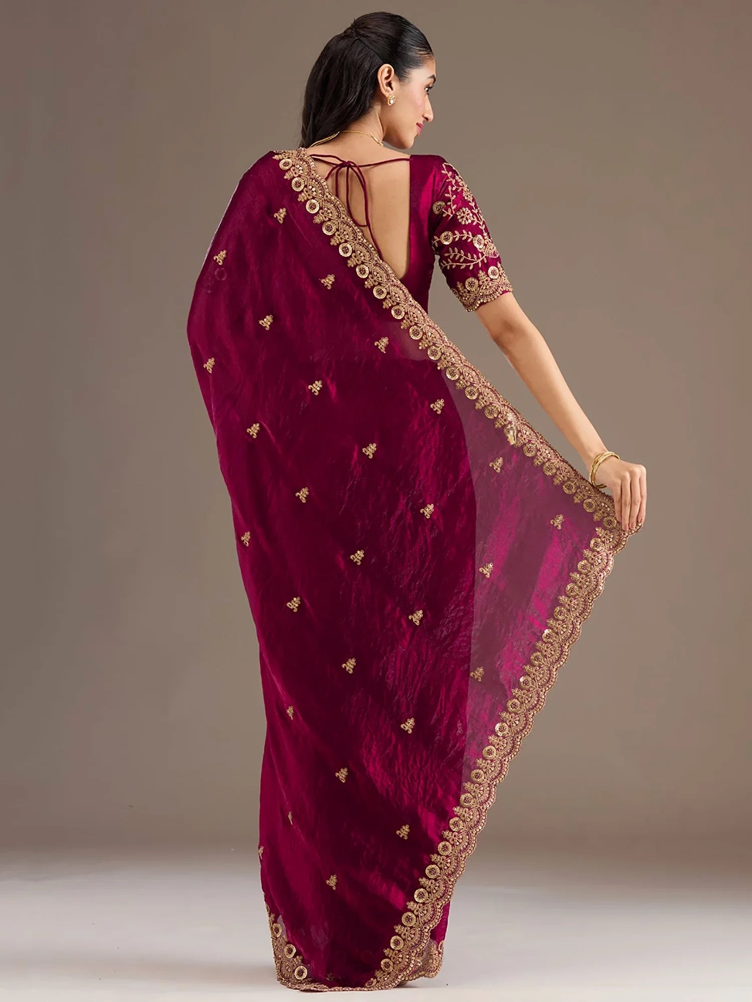 Alluring Maroon Zari Embroidered Silk Party Wear Saree With Blouse