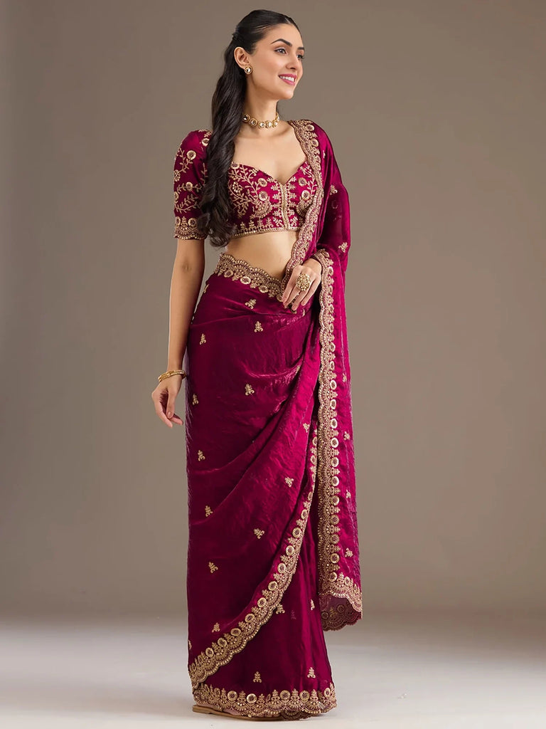 Alluring Maroon Zari Embroidered Silk Party Wear Saree With Blouse