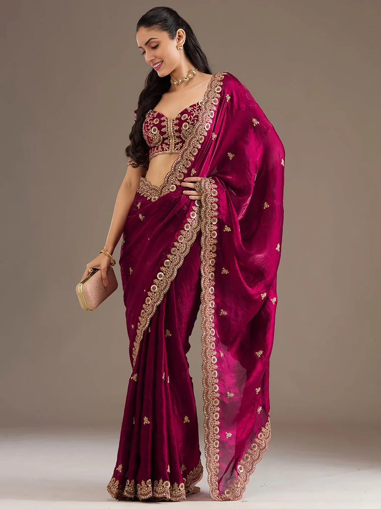 Alluring Maroon Zari Embroidered Silk Party Wear Saree With Blouse