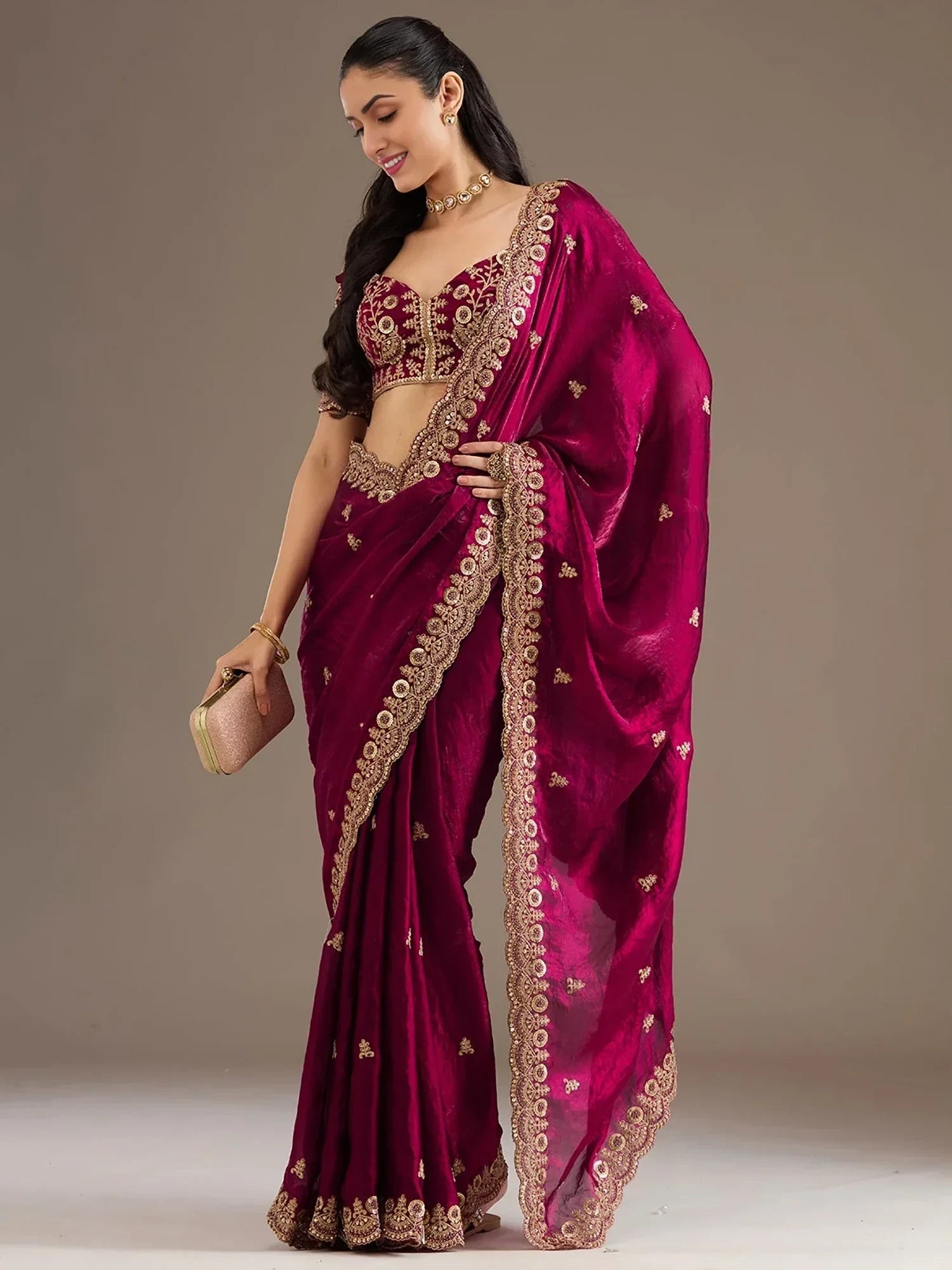 Alluring Maroon Zari Embroidered Silk Party Wear Saree With Blouse