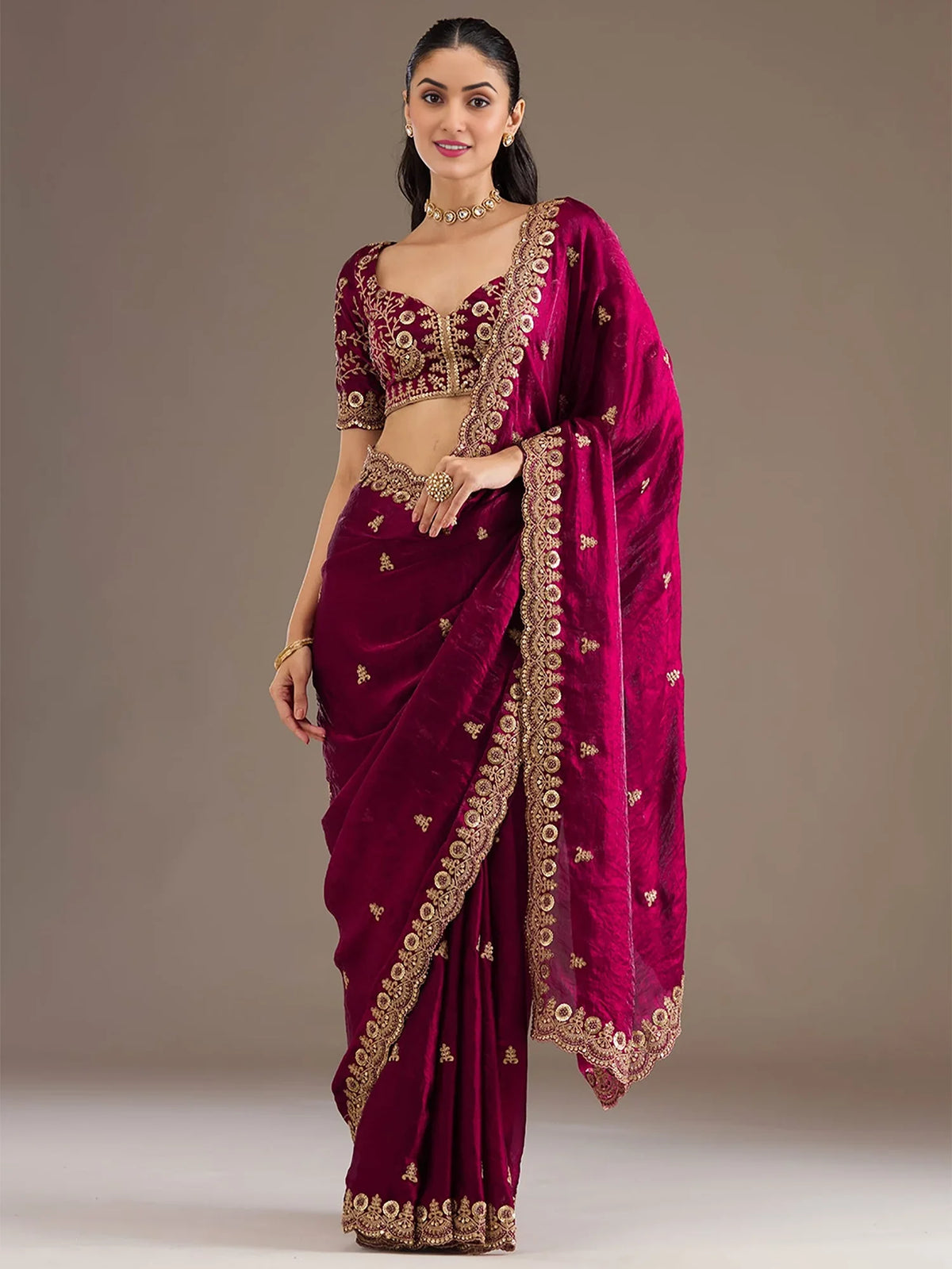 Alluring Maroon Zari Embroidered Silk Party Wear Saree With Blouse
