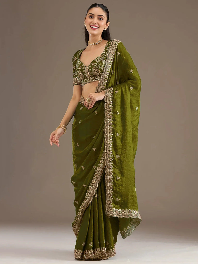 Amazing Green Embroidered Silk Festival Wear Saree With Blouse