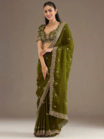 Amazing Green Embroidered Silk Festival Wear Saree With Blouse