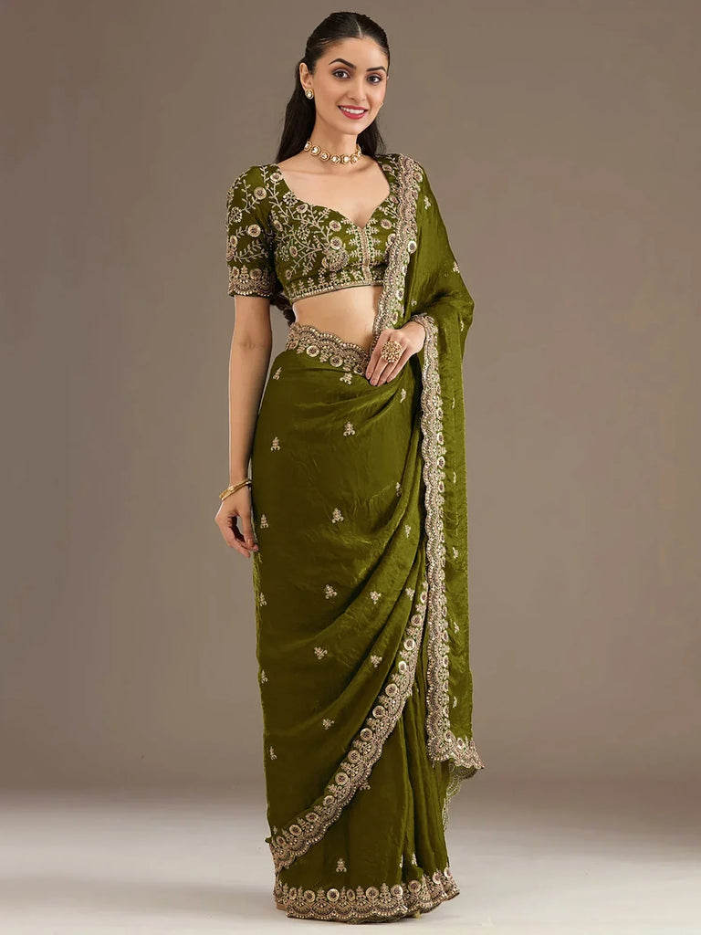 Amazing Green Embroidered Silk Festival Wear Saree With Blouse