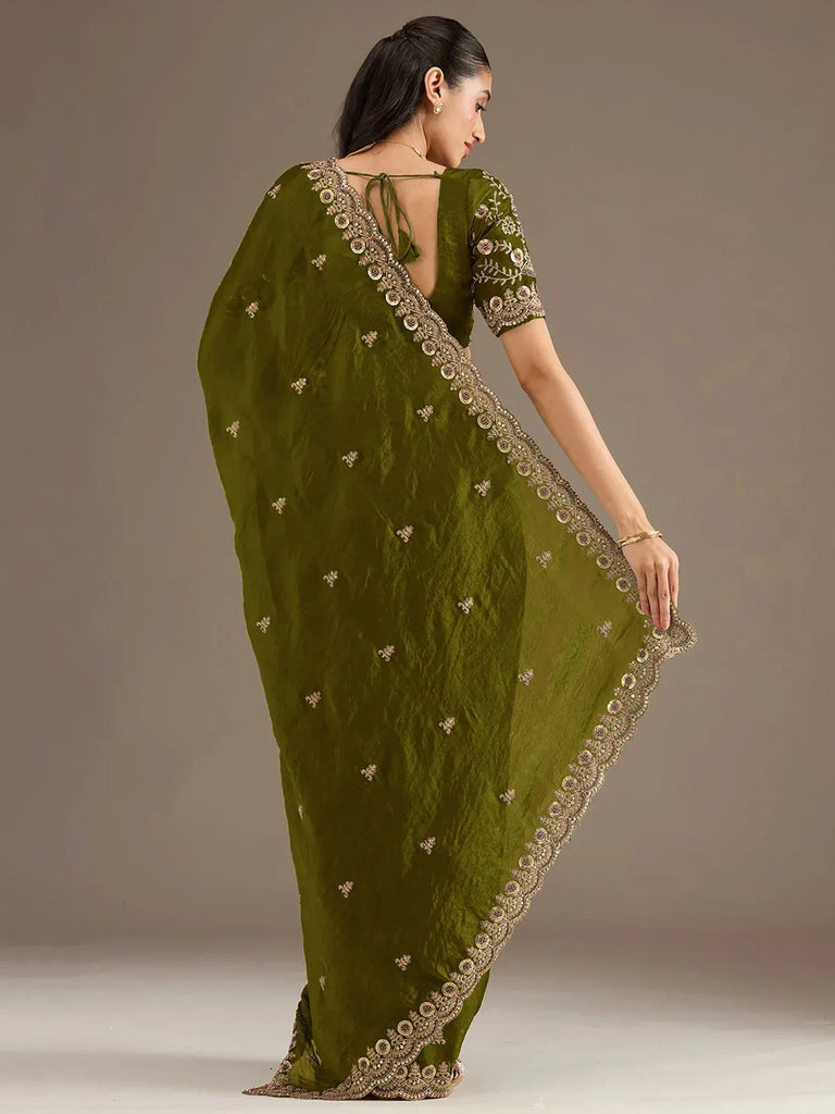 Amazing Green Embroidered Silk Festival Wear Saree With Blouse