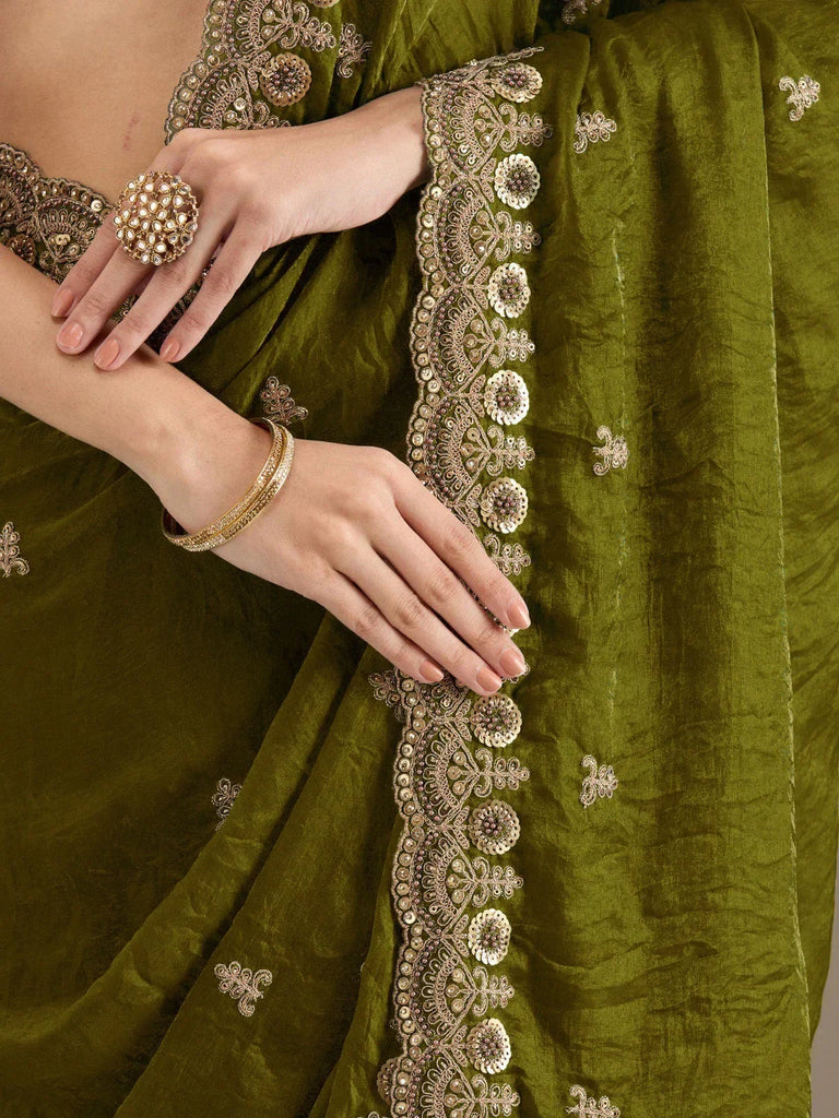 Amazing Green Embroidered Silk Festival Wear Saree With Blouse
