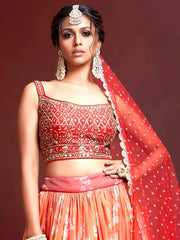 Marvelous Orange Digital Print Embroidery Tebby Silk Party Wear Lehenga Choli