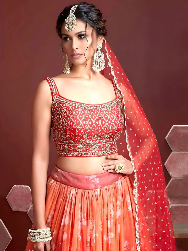 Marvelous Orange Digital Print Embroidery Tebby Silk Party Wear Lehenga Choli