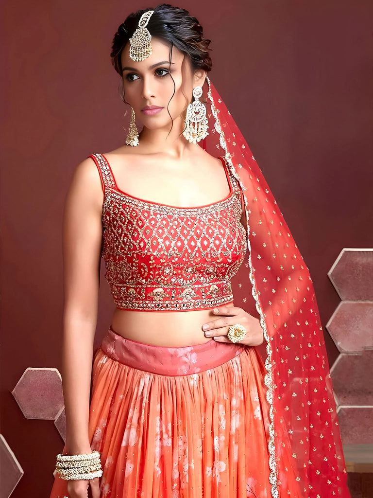 Marvelous Orange Digital Print Embroidery Tebby Silk Party Wear Lehenga Choli