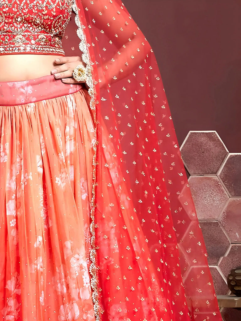 Marvelous Orange Digital Print Embroidery Tebby Silk Party Wear Lehenga Choli