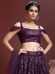 Fabulous Purple Embroidery Net Party Wear Lehenga Choli