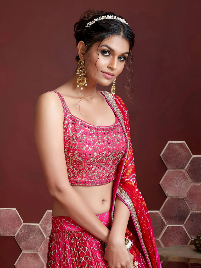 Great Pink Embroidery Pure Chinon Silk Party Wear Lehenga Choli