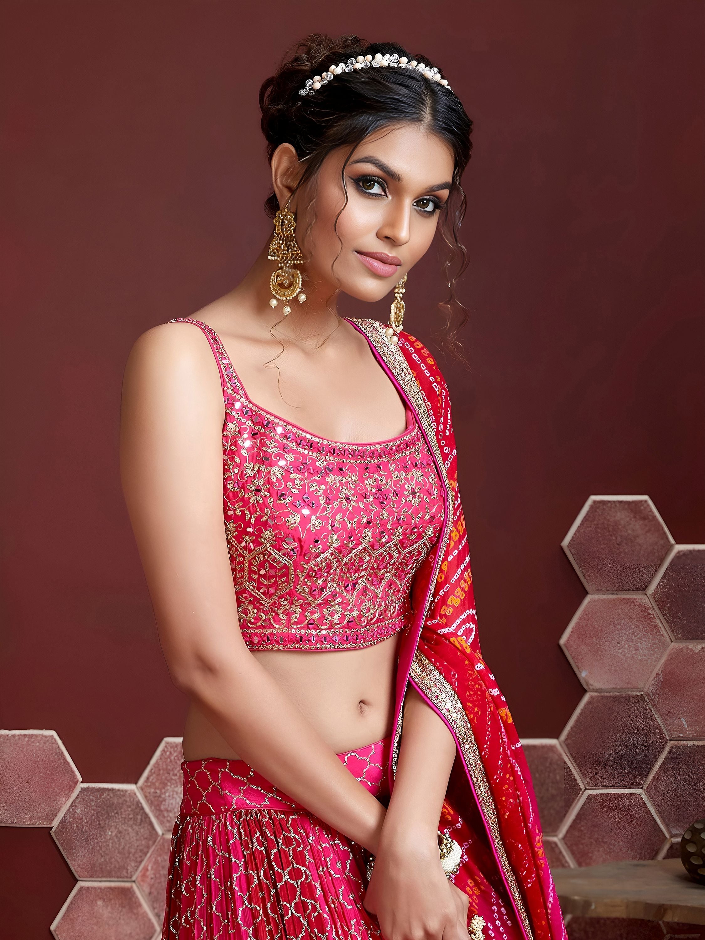 Great Pink Embroidery Pure Chinon Silk Party Wear Lehenga Choli