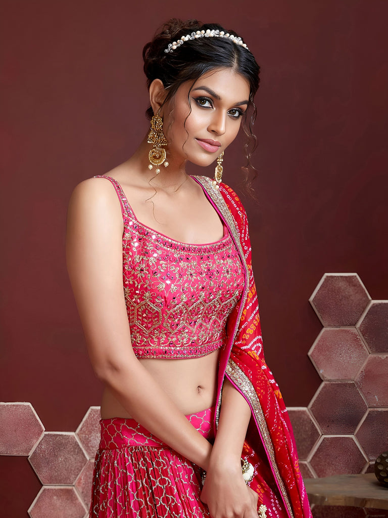 Great Pink Embroidery Pure Chinon Silk Party Wear Lehenga Choli