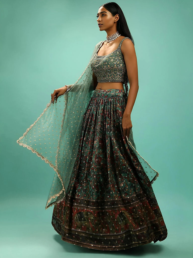 Charming Green Chinon Digital Print Designer Party Wear Lehenga Choli